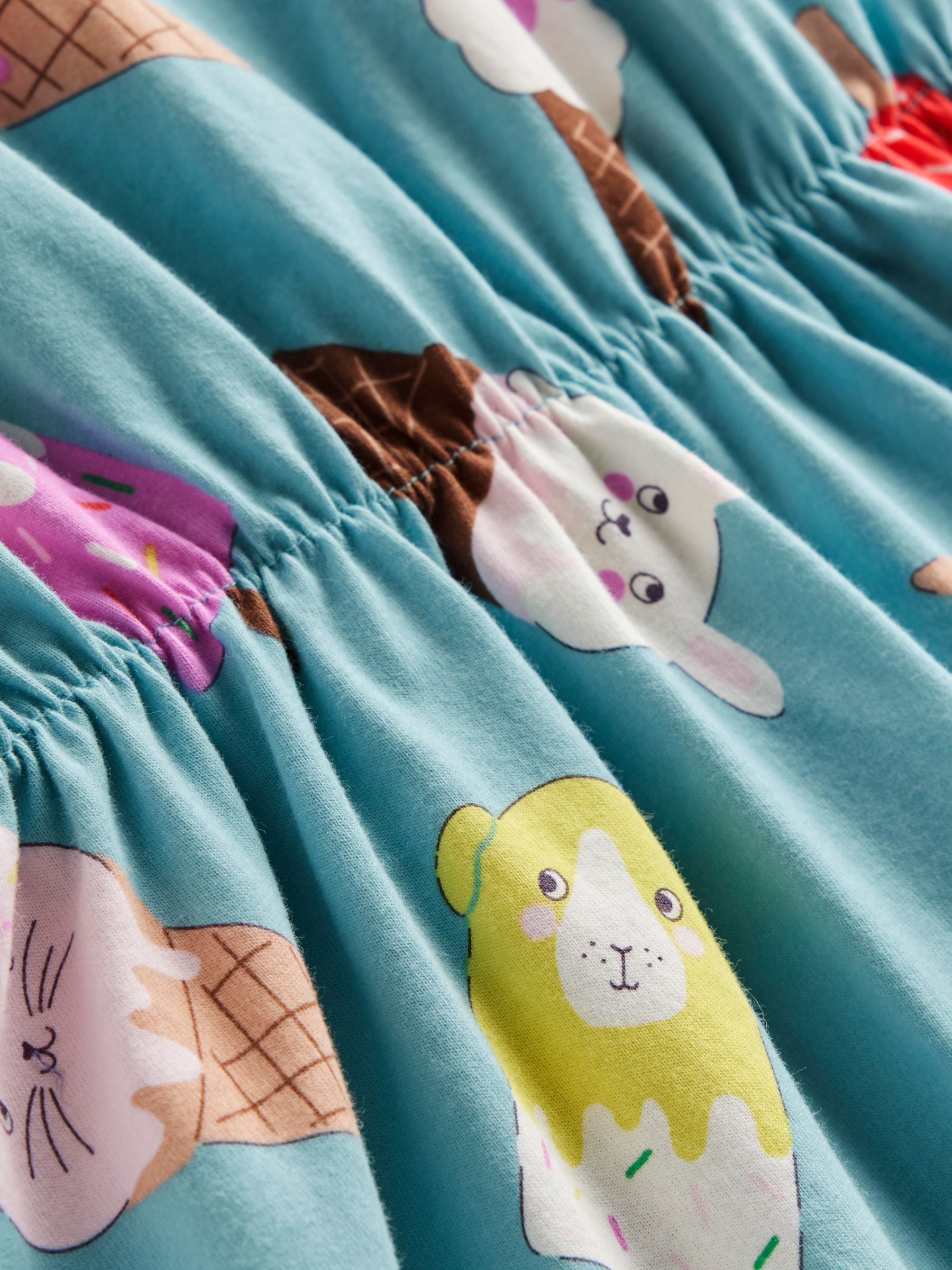 Mini Boden Kids' Animal Ice Cream Print Frill Sleeve Jersey Dress, Aqua Sea, 6-7Y