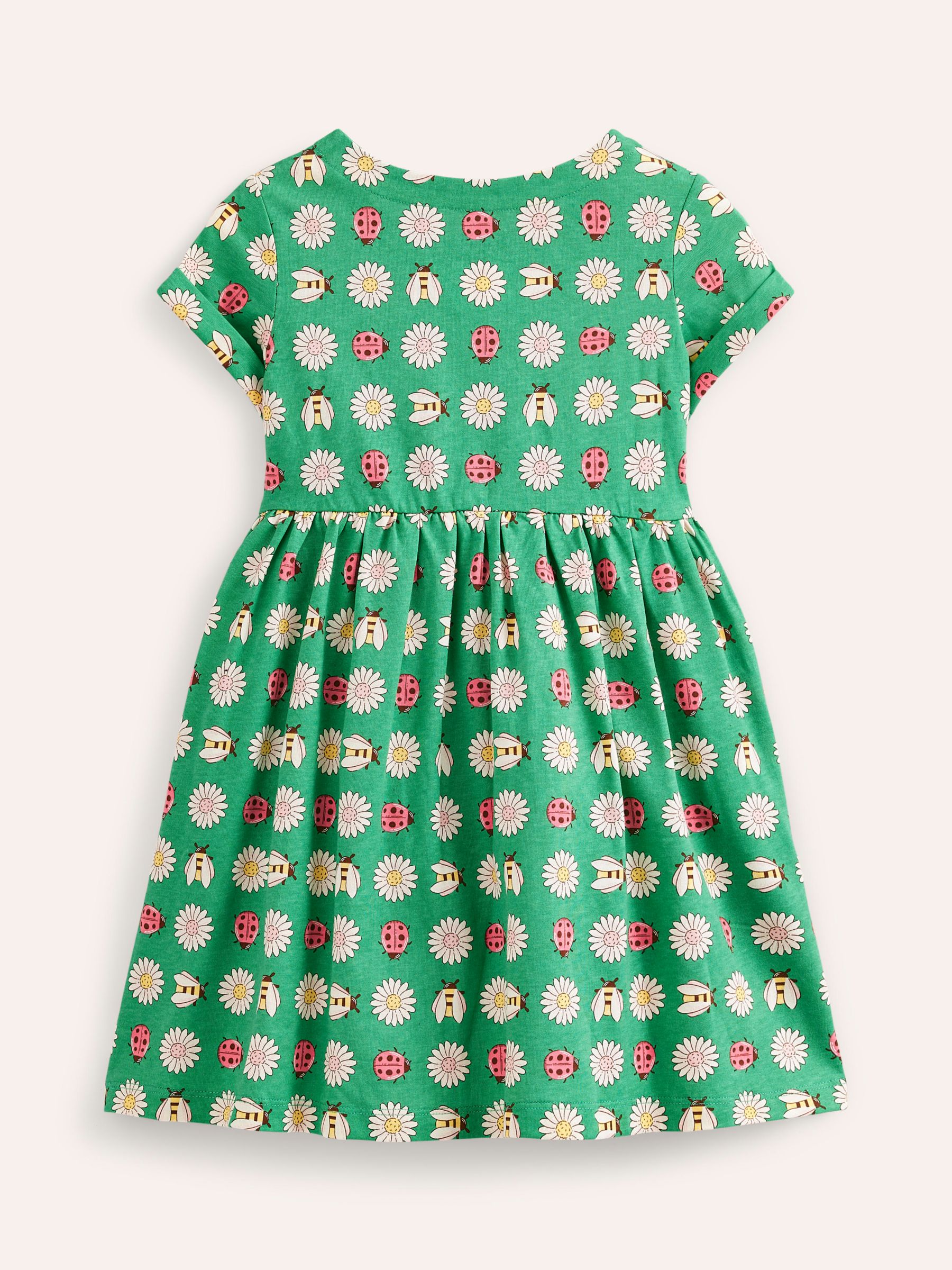 Mini Boden Kids' Fun Daisy & Bugs Print Short Sleeved Jersey Dress, Pea Green, 4-5Y