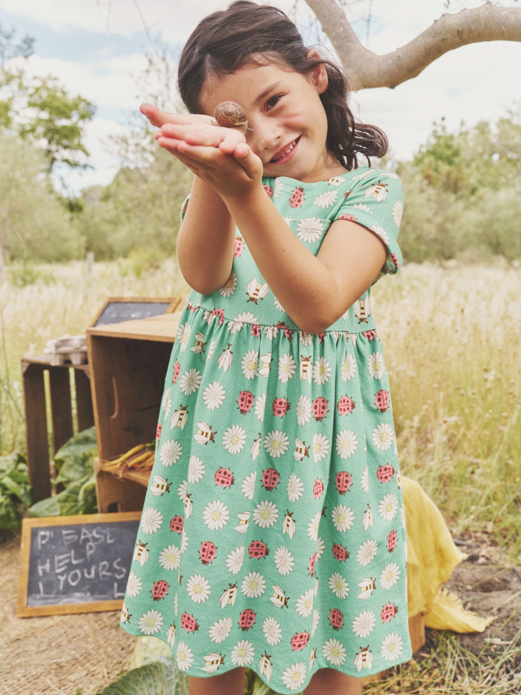 Mini Boden Kids' Fun Daisy & Bugs Print Short Sleeved Jersey Dress, Pea Green, 4-5Y