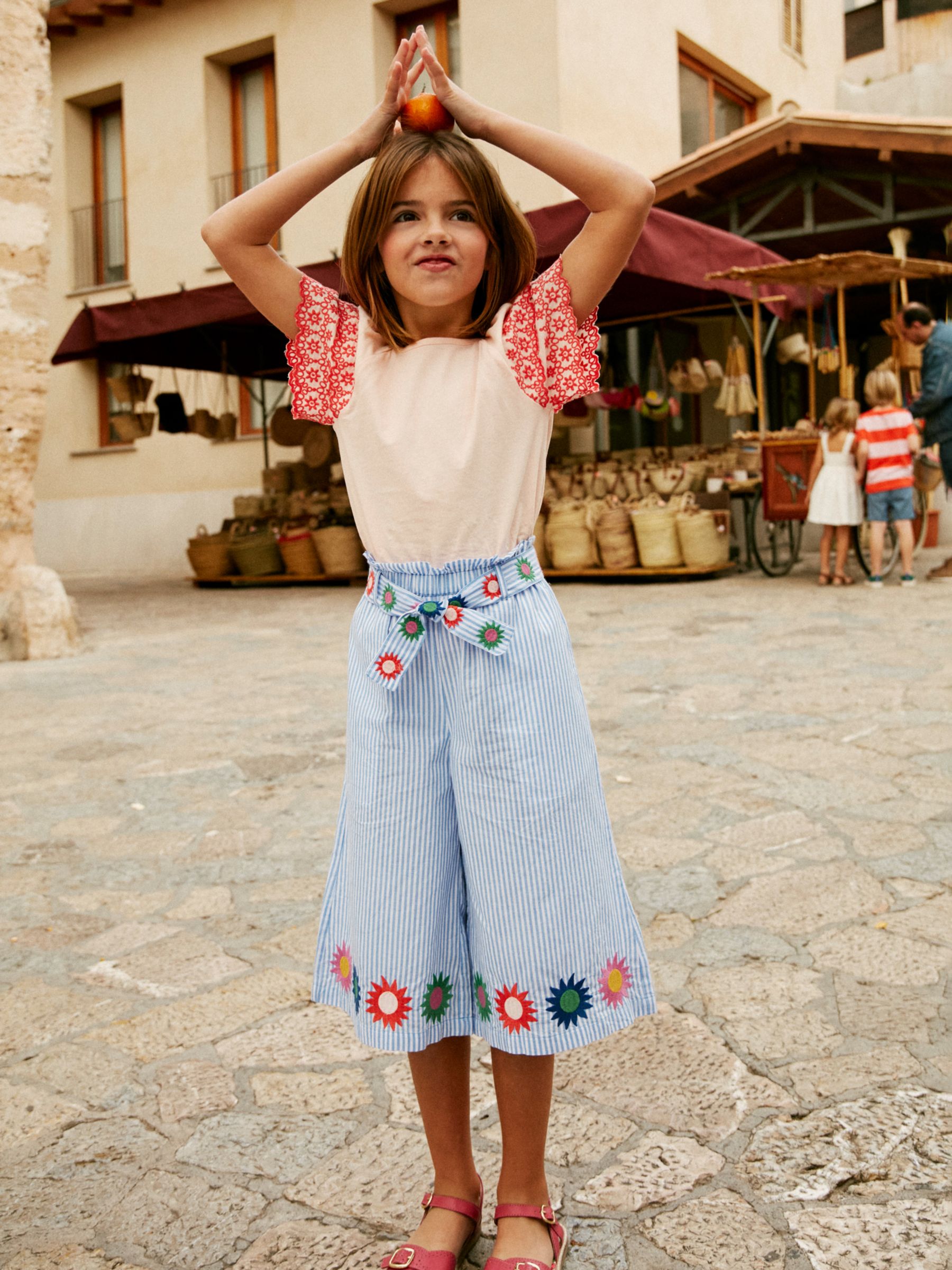 Mini Boden Kids' Floral Embroidered Stripe Wide Leg Trousers, Vintage Blue, 9Y