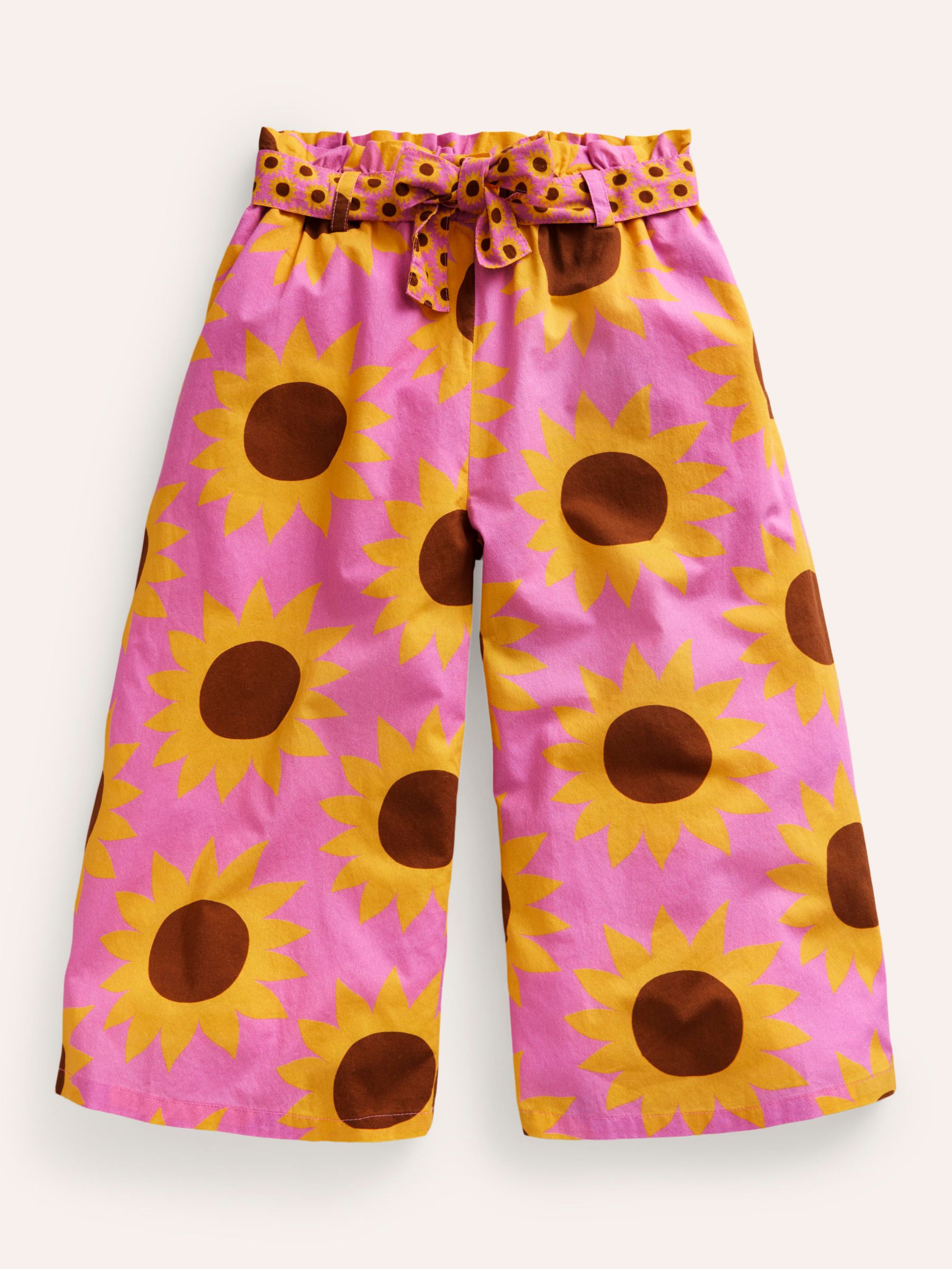 Mini Boden Kids' Sunflower Print Wide Leg Trousers, Pink/Multi, 3Y