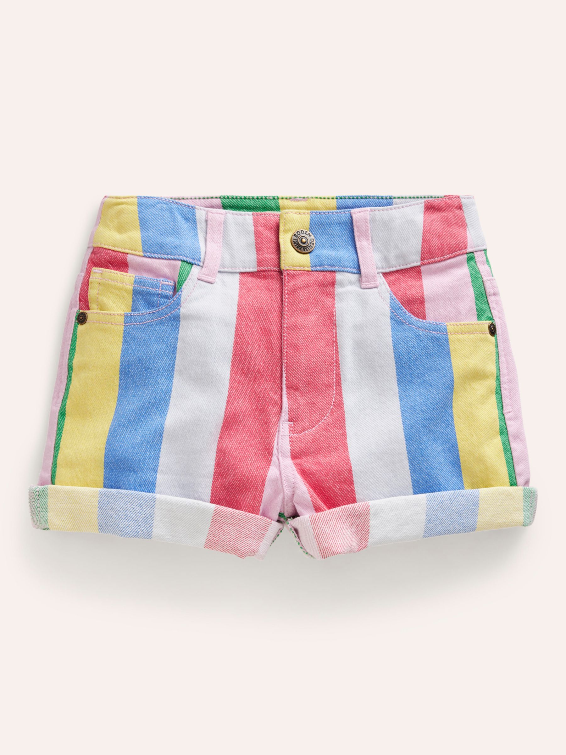 Mini Boden Kids' Rainbow Stripe Denim Shorts, Multi, 4Y
