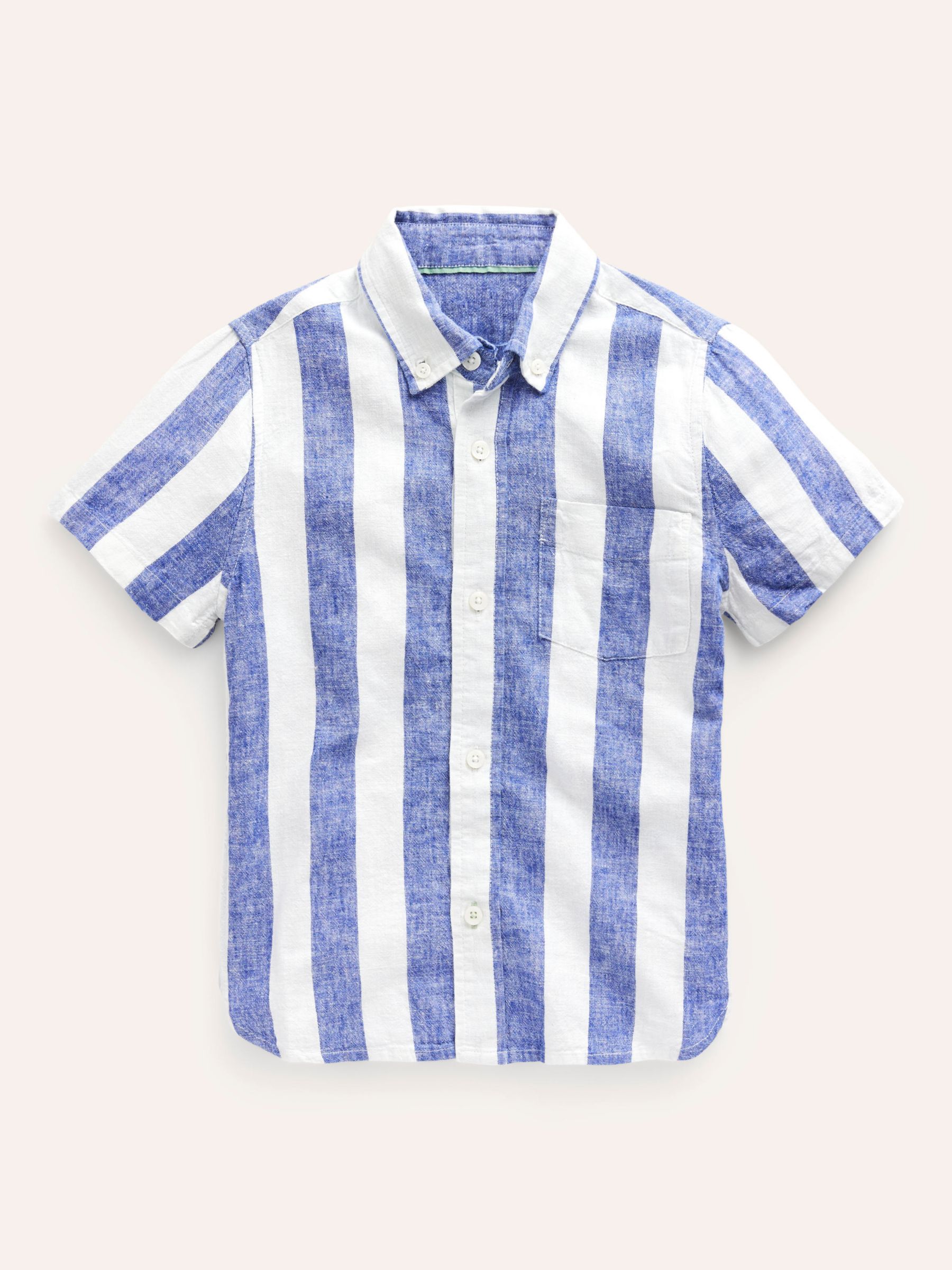 Mini Boden Kids' Wide Stripe Linen Blend Short Sleeve Shirt, Blue/Ivory, 6-7Y