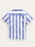 Mini Boden Kids' Wide Stripe Linen Blend Short Sleeve Shirt, Blue/Ivory