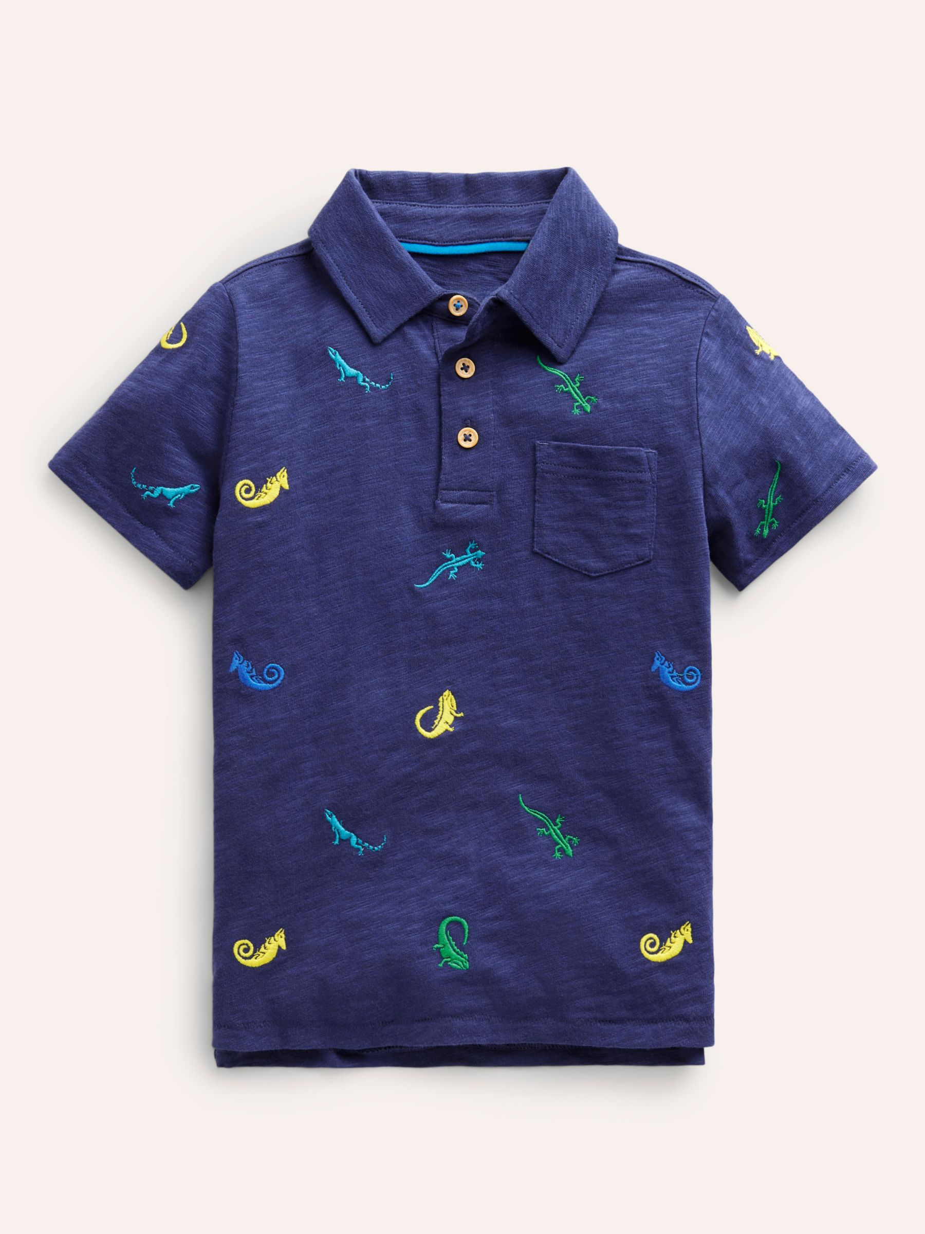 Mini Boden Kids' Lizzard Embroidered Slubbed Polo Shirt, College Navy, 9-10Y