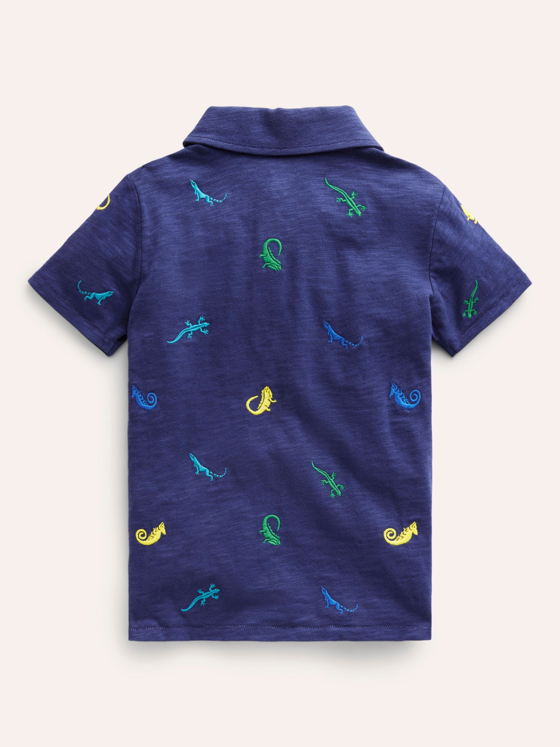Mini Boden Kids' Lizzard Embroidered Slubbed Polo Shirt, College Navy, 9-10Y