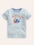 Mini Boden Kids' Embroidered Stripe T-Shirt, Blue/Ivory Rocket