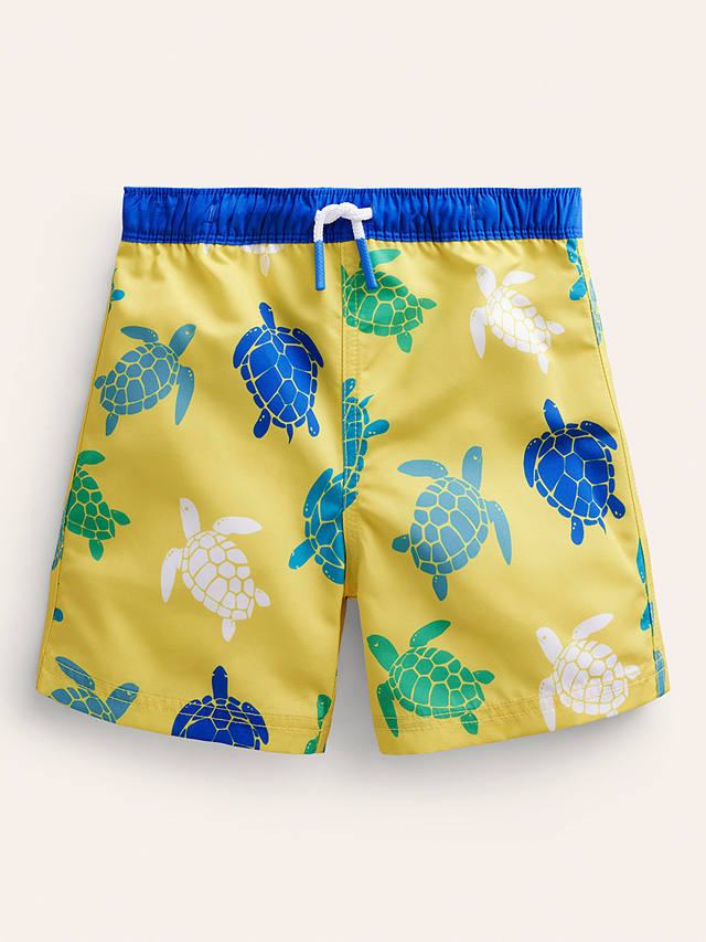 Mini Boden Kids' Turtle Print Drawstring Swim Shorts, Yellow/Multi