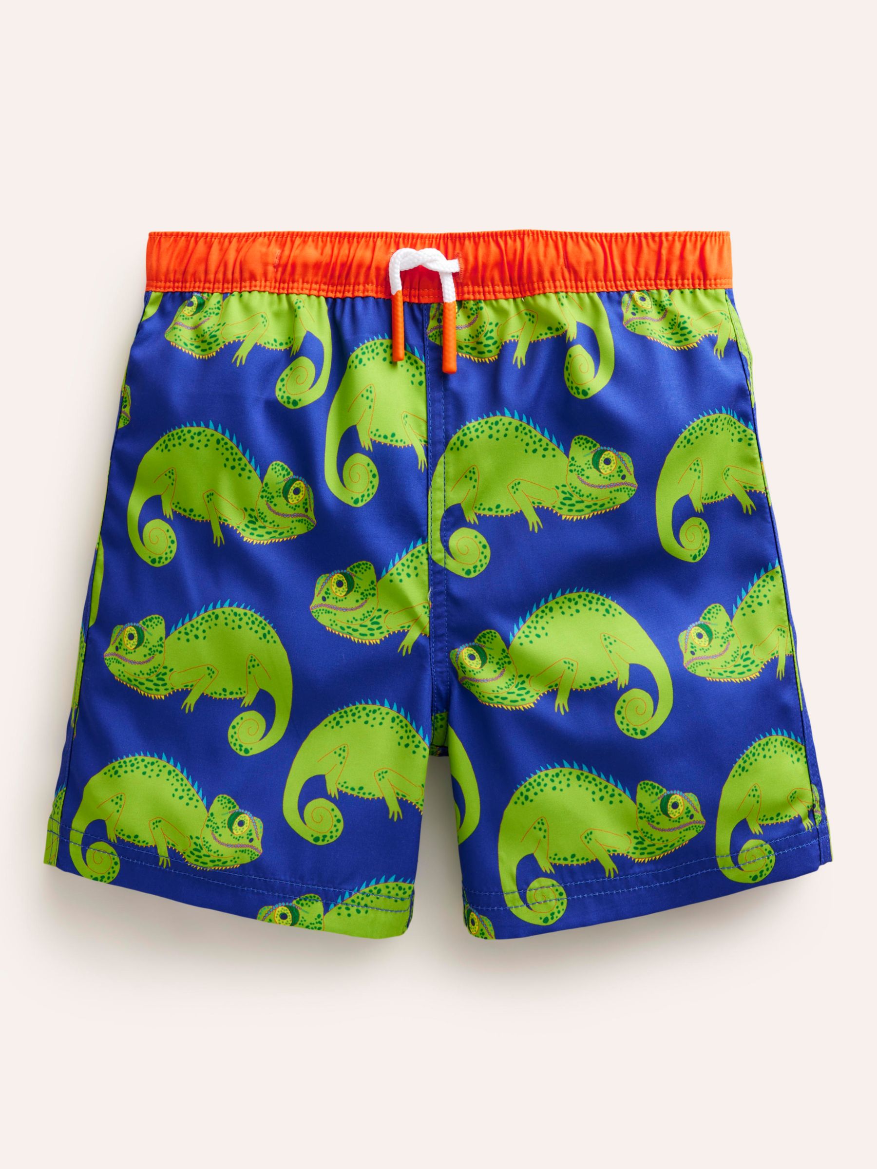 Mini Boden Kids' Chameleon Print Drawstring Swim Shorts, Blue Heron, 3-4Y
