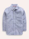 Mini Boden Kids' Stripe Linen Blend Long Sleeve Shirt, Navy/Ivory