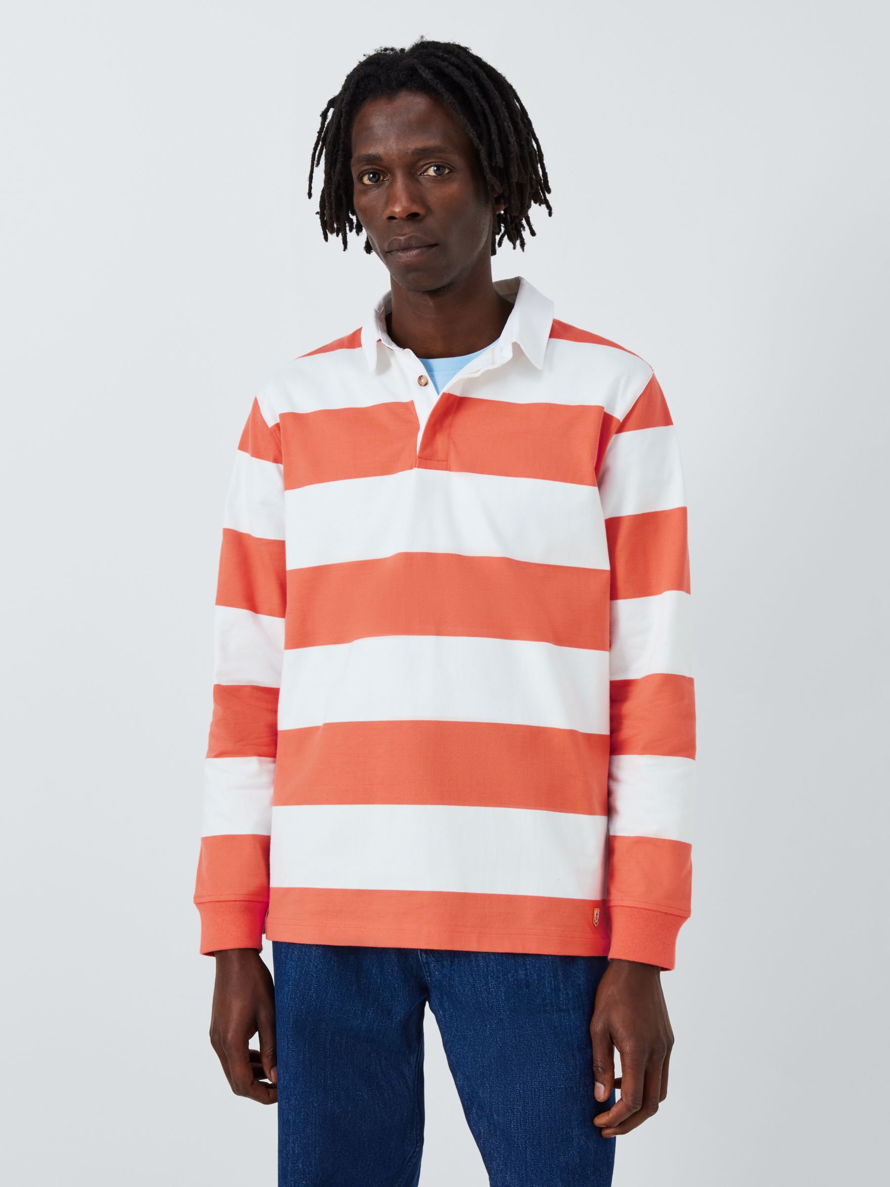 Armor Lux Long Sleeve Striped Polo Shirt, Orange/White, S