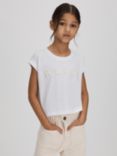Reiss Kids' Taya Cropped Varsity T-Shirt, White