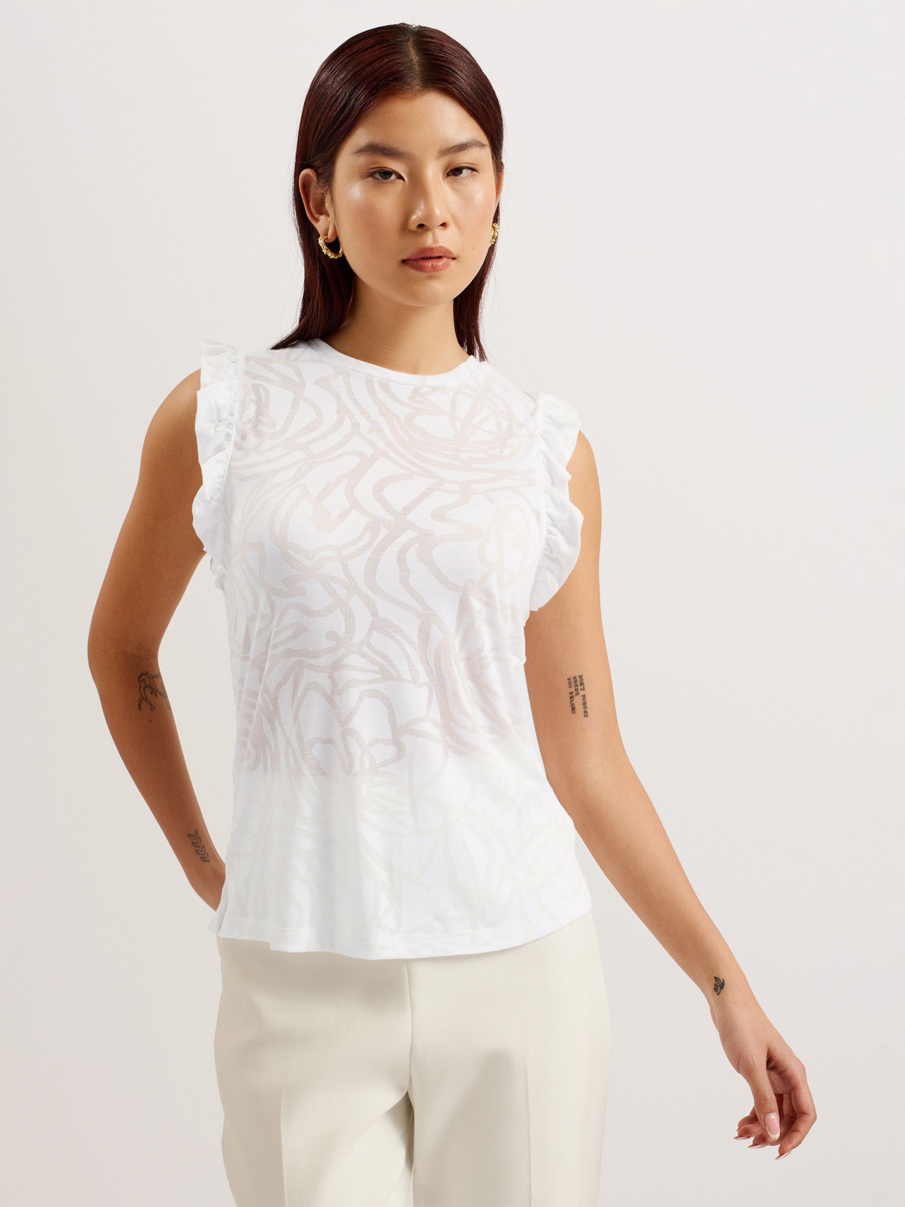 Ted Baker Iilaa Frill Sleeve Burnout Top, White, 16