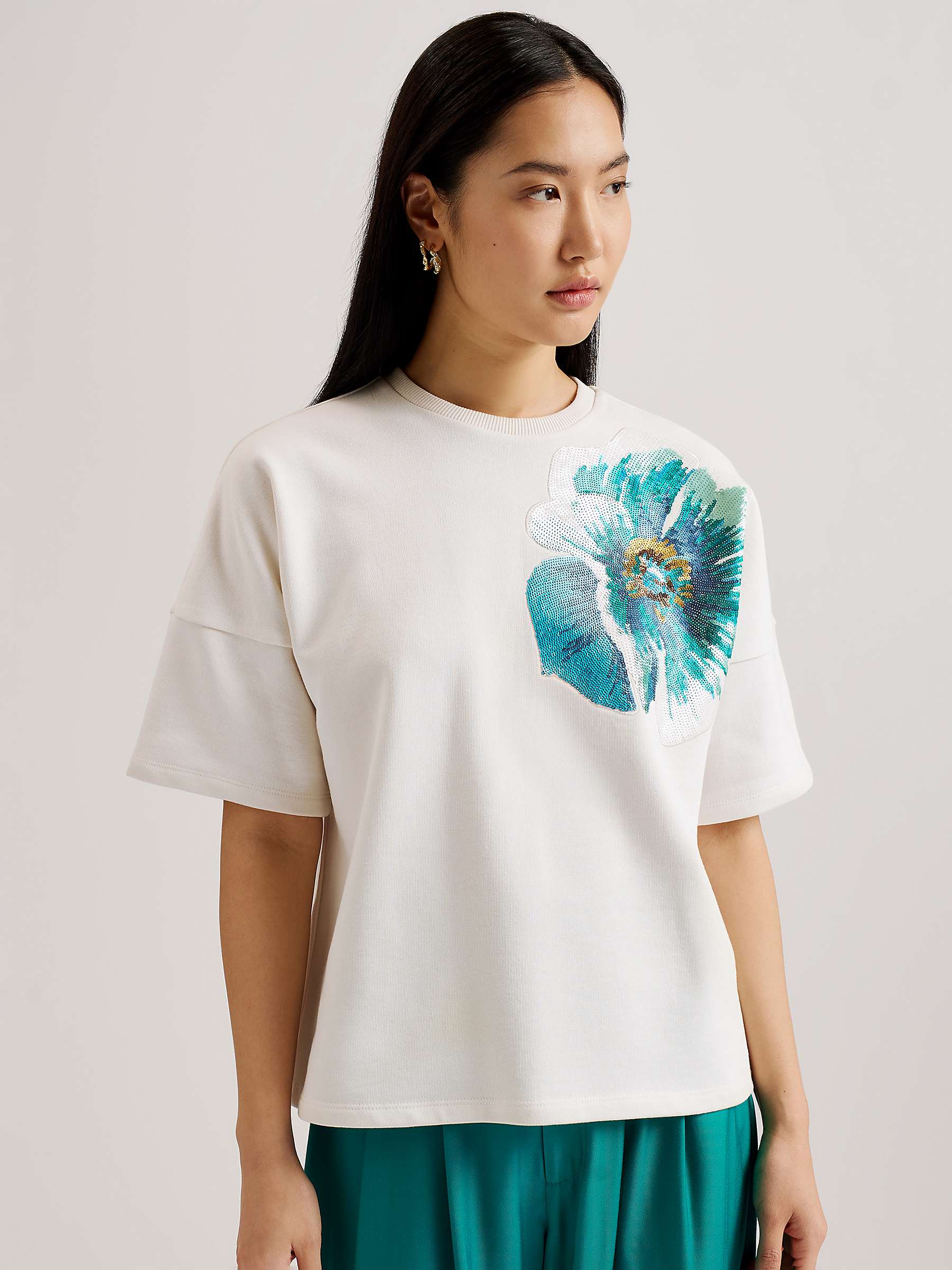 Buy Ted Baker Caraae Sequin Flower Boxy T-Shirt, White/Multi Online at johnlewis.com
