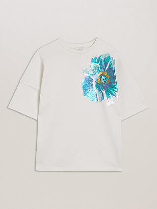 Ted Baker Caraae Sequin Flower Boxy T-Shirt, White/Multi