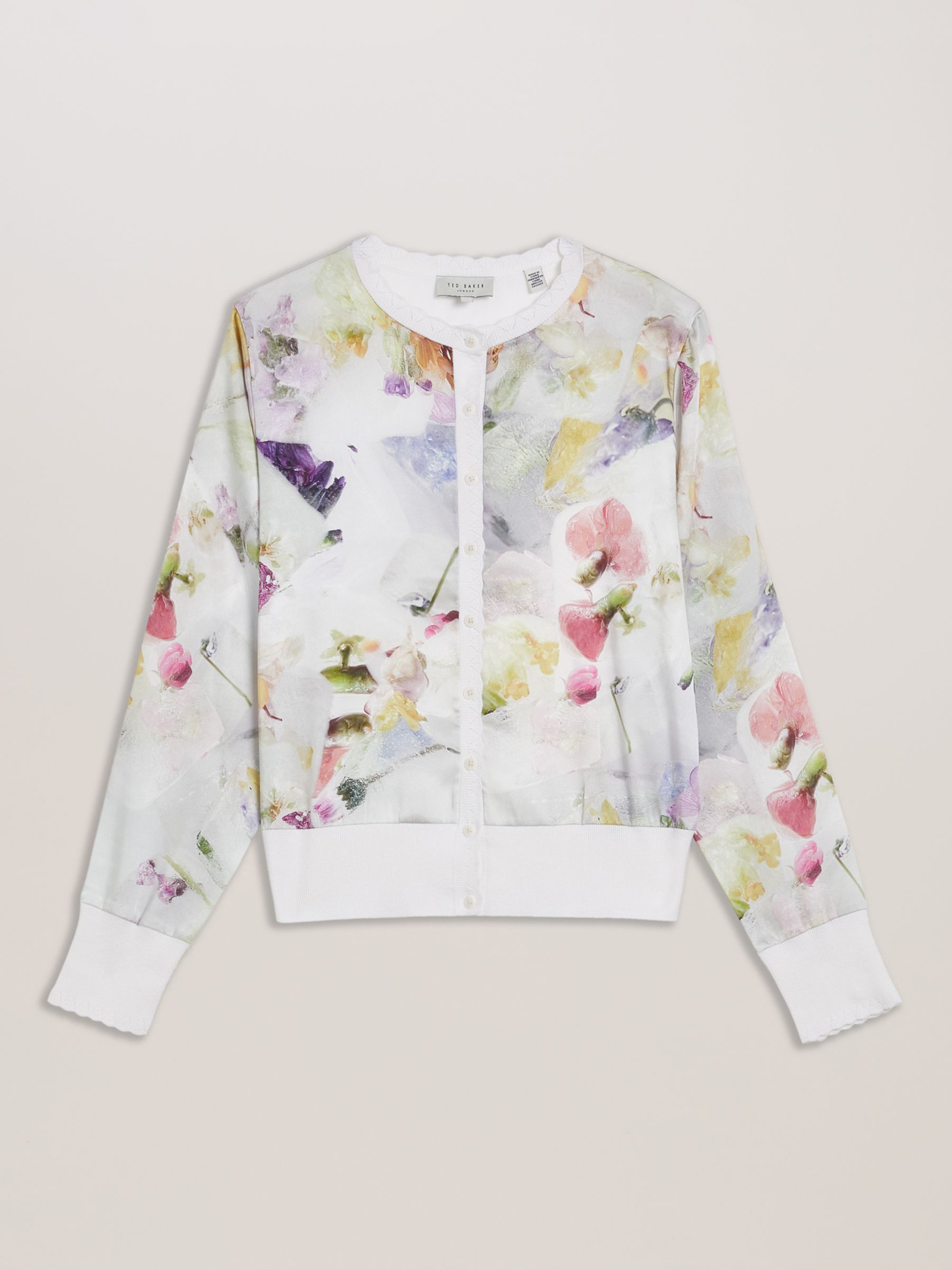 Ted Baker Haylou Floral Woven Front Cardigan, White/Multi, 14