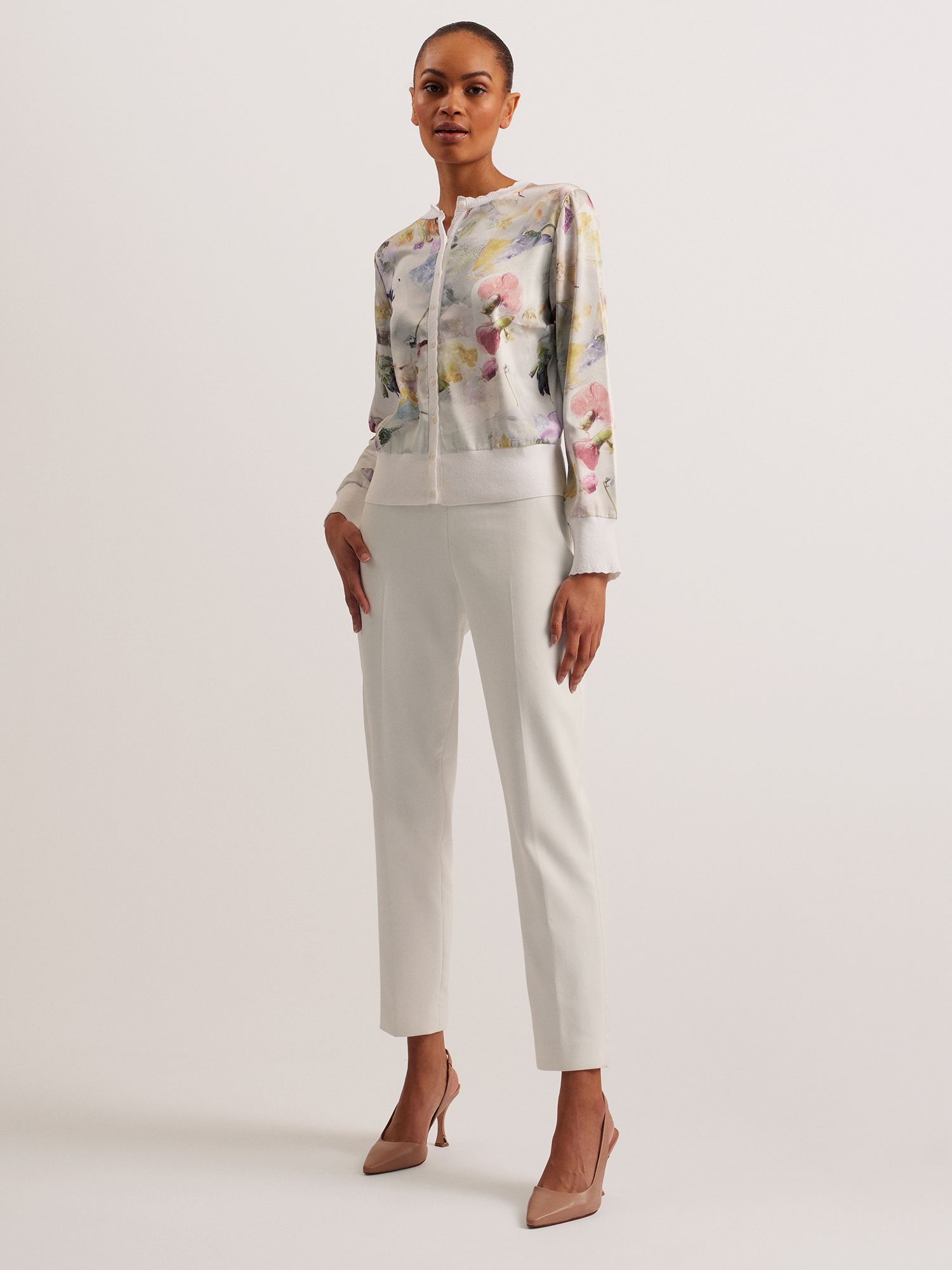 Ted Baker Haylou Floral Woven Front Cardigan, White/Multi, 14