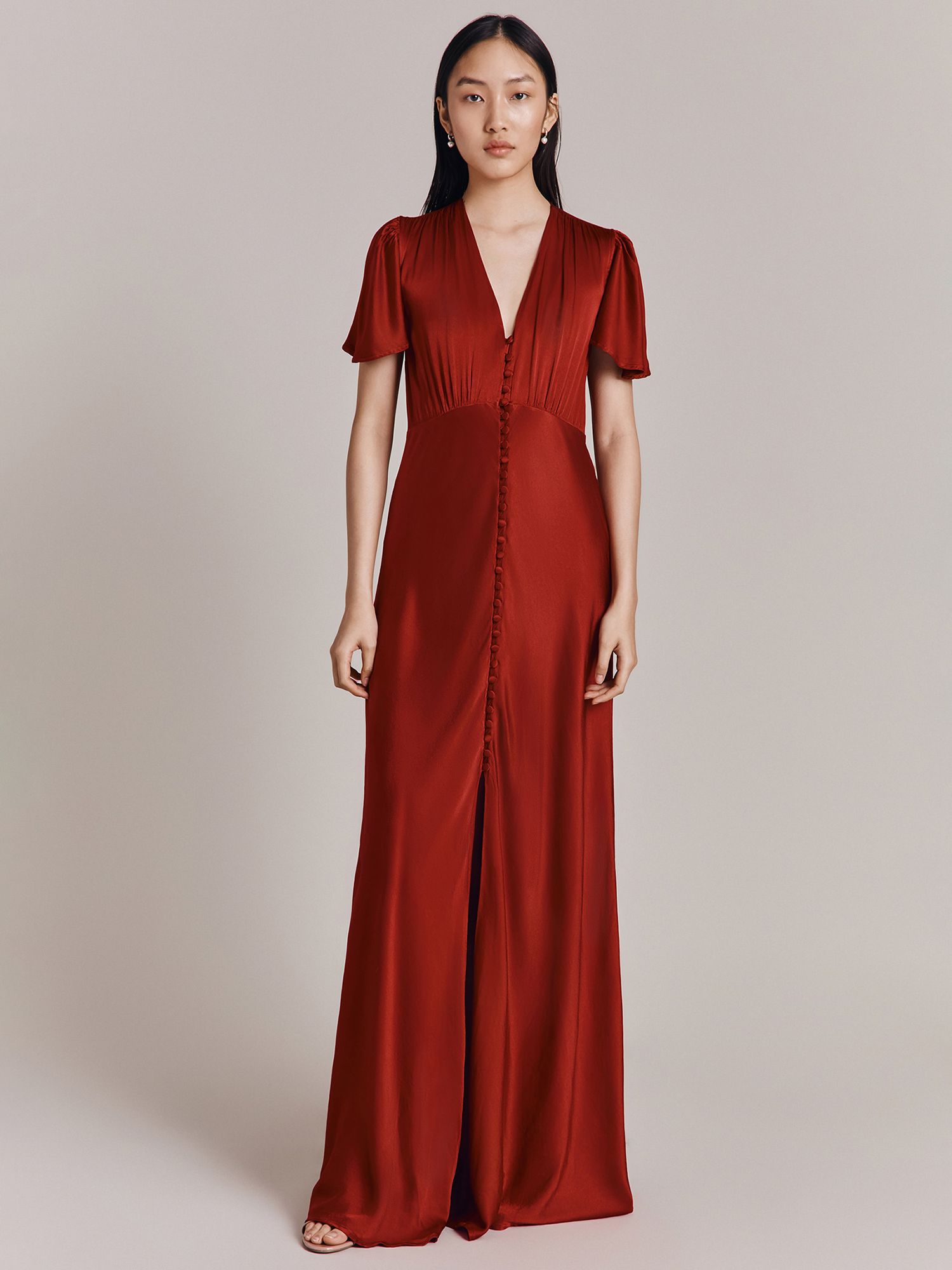 Ghost Delphine Bias Cut Satin Maxi Dress, Red, XXS
