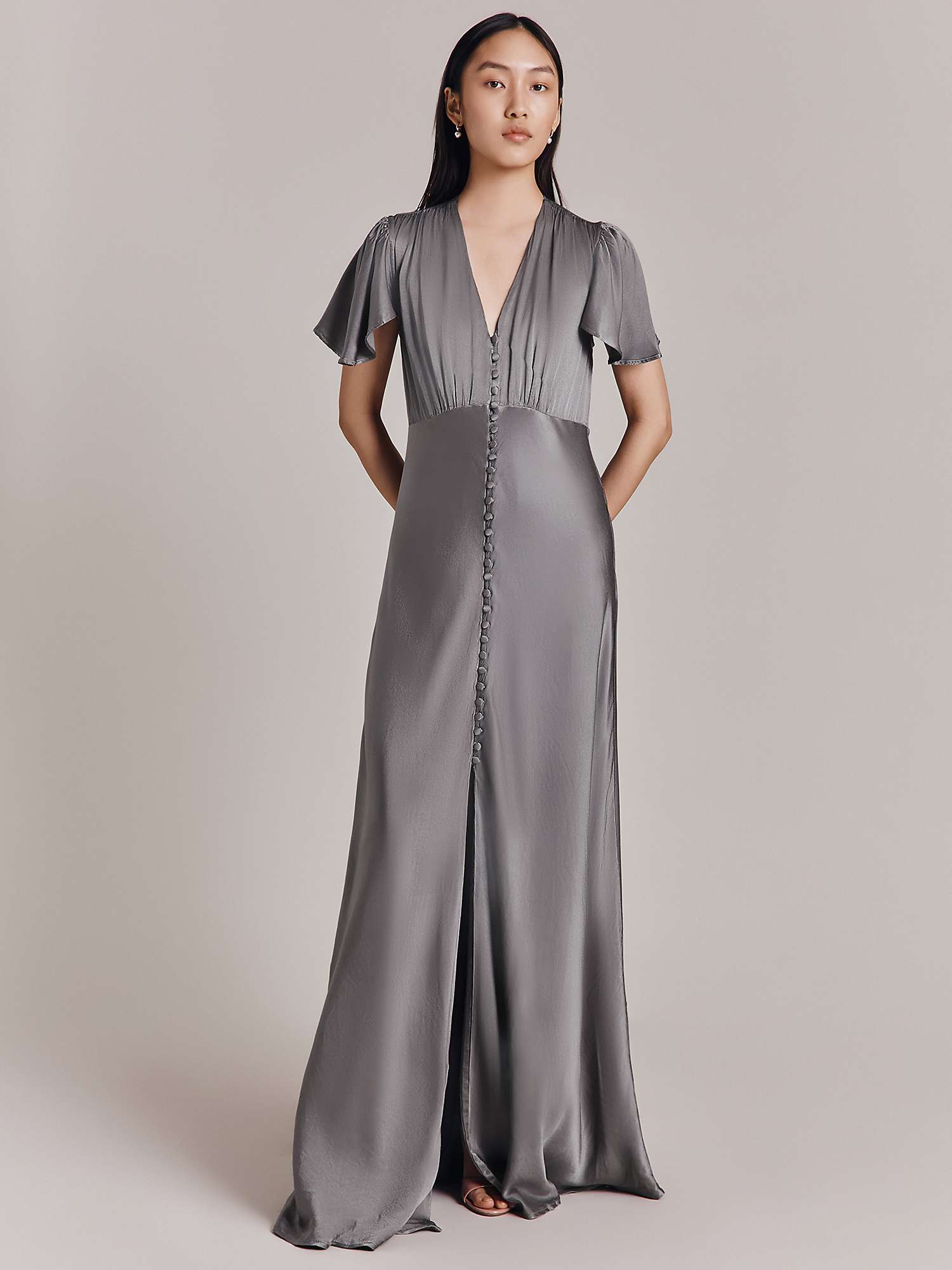 Buy Ghost Delphine Empire Line Satin Maxi Dress, Silver Online at johnlewis.com