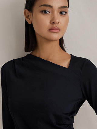 Reiss Sandy Asymmetric Neck Ruched Top, Navy