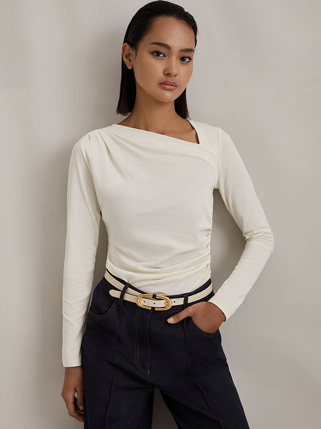 Reiss Sandy Asymmetric Neck Ruched Top, Ivory