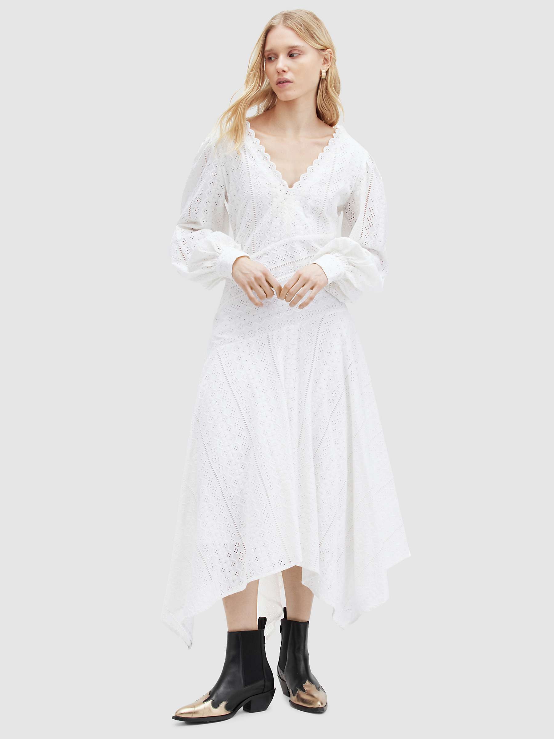 Buy AllSaints Aviana Broderie Organic Cotton Midi Dress, Off White Online at johnlewis.com