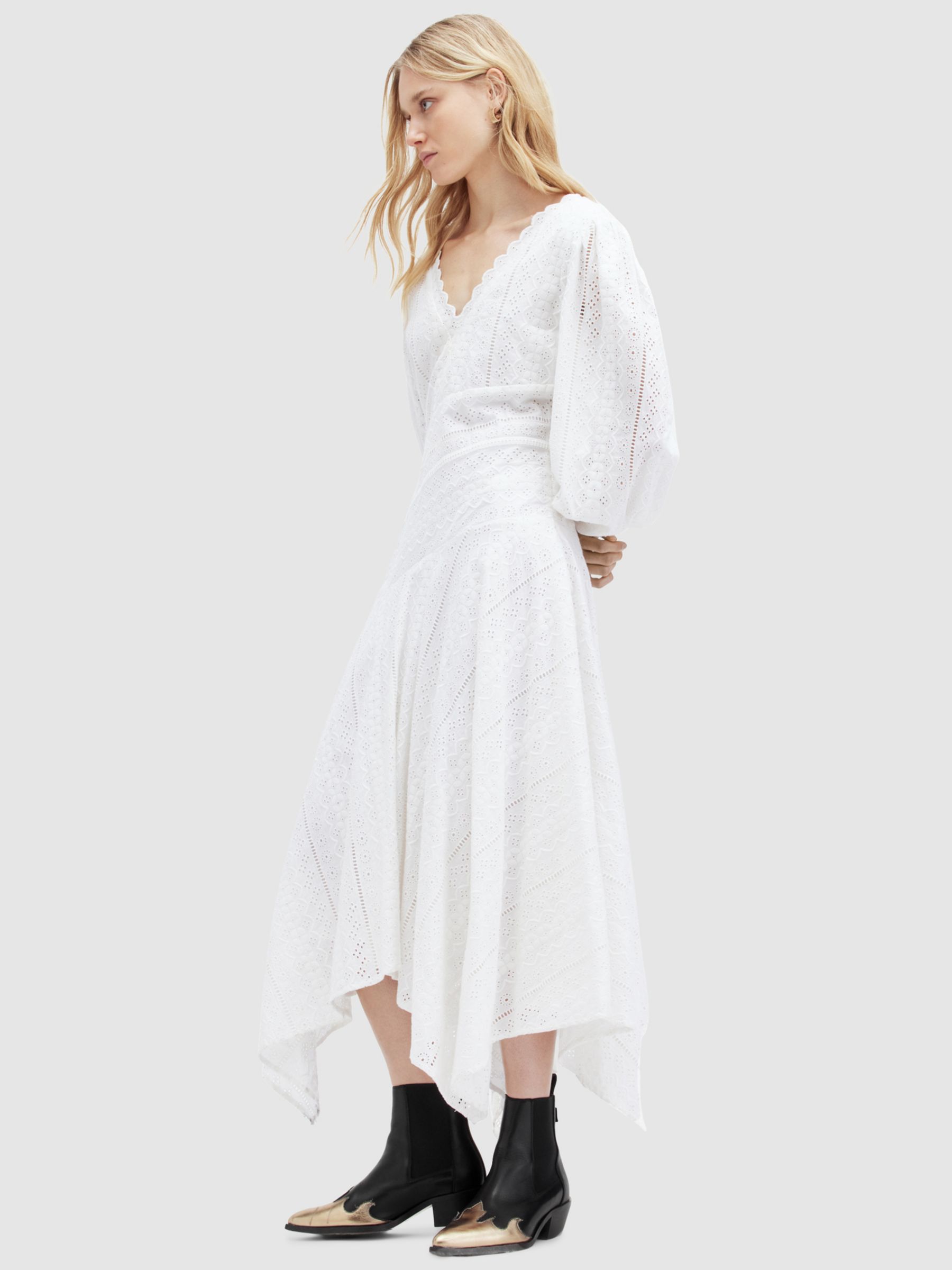 AllSaints Aviana Broderie Organic Cotton Midi Dress, Off White, 6