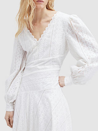 AllSaints Aviana Broderie Organic Cotton Midi Dress, Off White