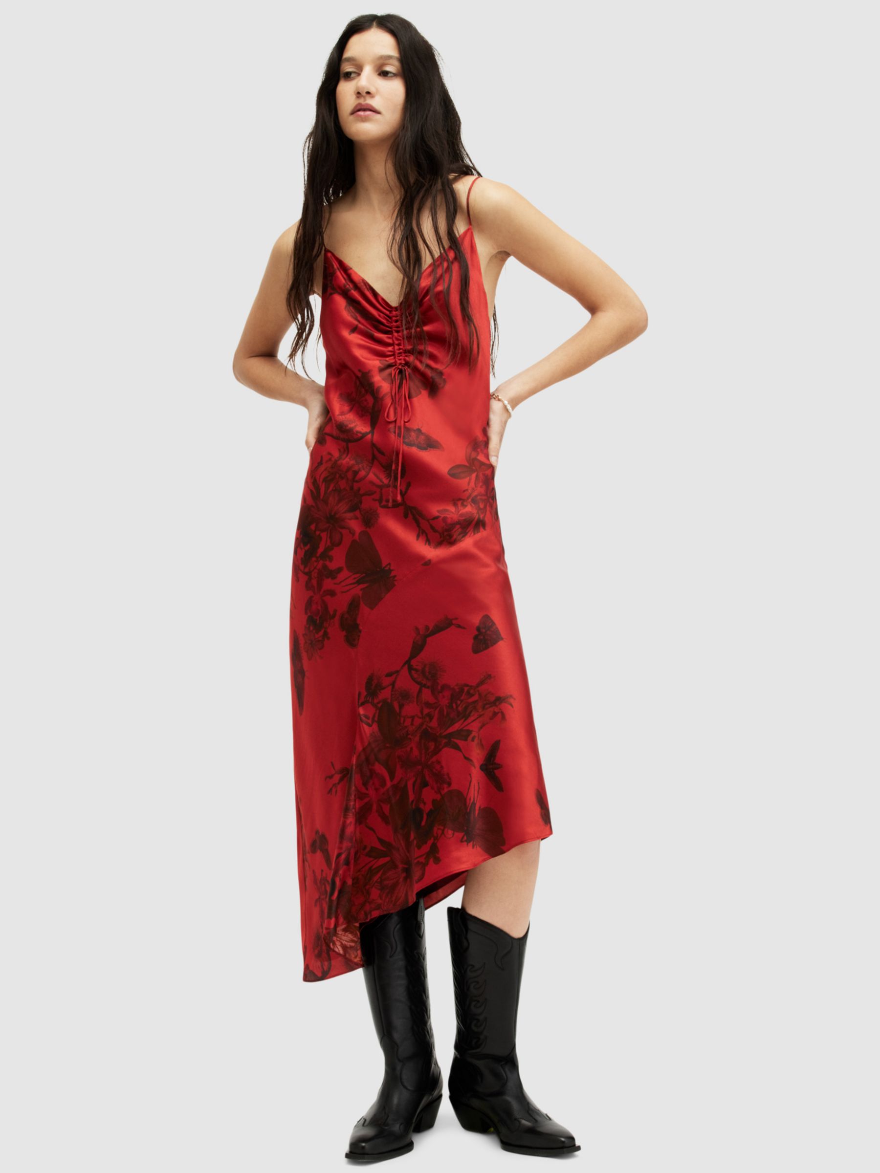 AllSaints Alexia Sanibel Midi Silk Blend Floral Dress, Rust Red, 10