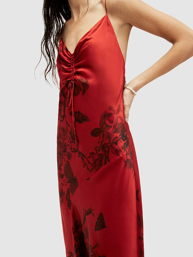 AllSaints Alexia Sanibel Midi Silk Blend Floral Dress, Rust Red