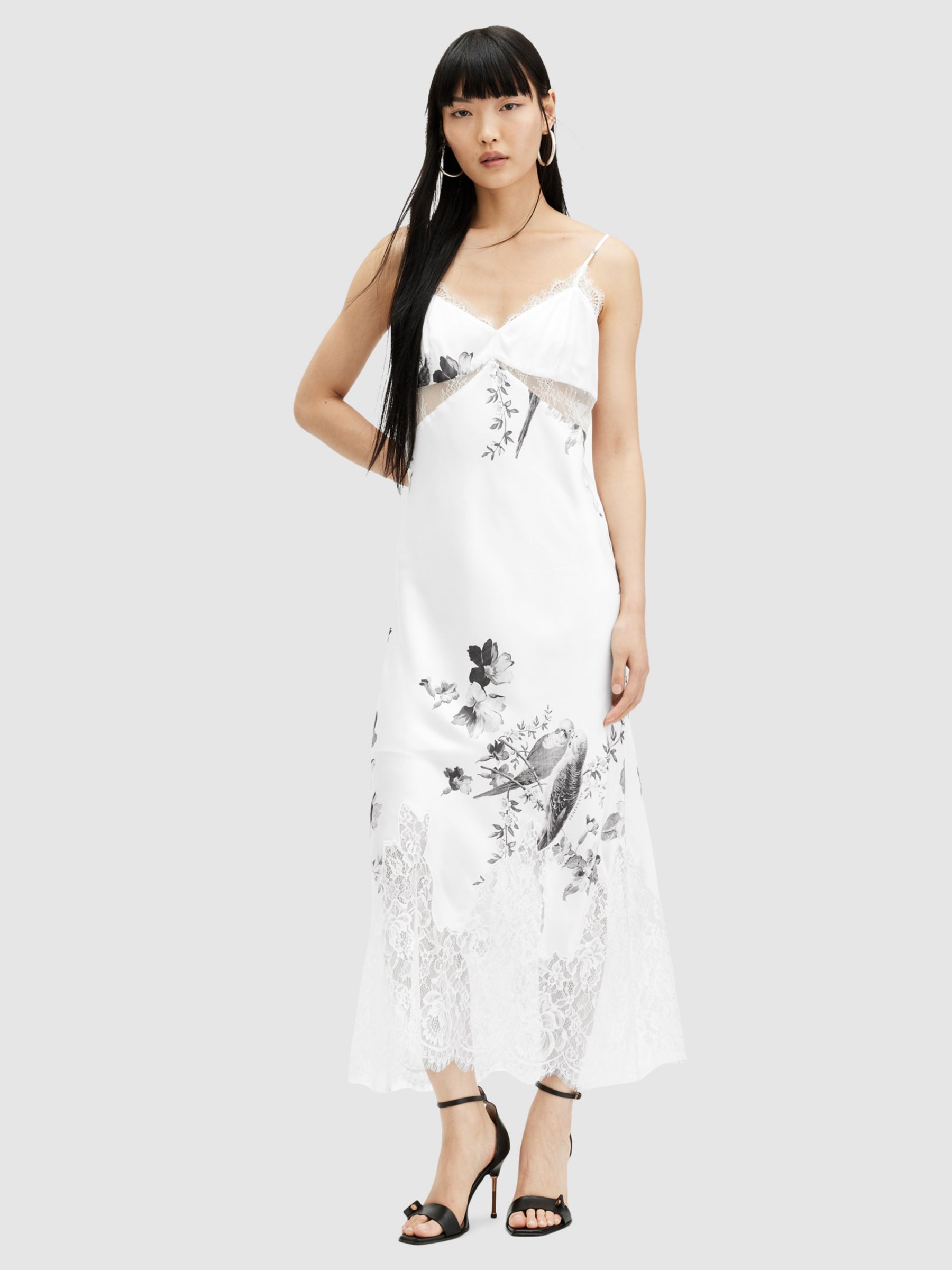 AllSaints Evangelia Iona Floral Maxi Silk Blend Dress, Off White, 12
