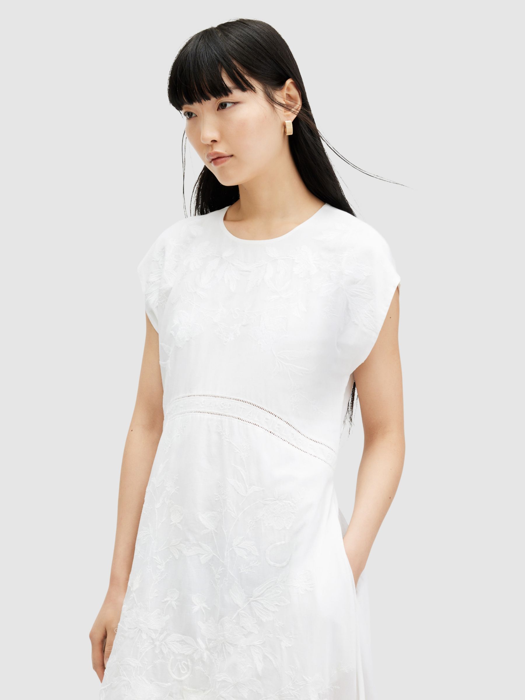 AllSaints Gianna Embroidered Midi Dress, Off White, 12
