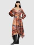 AllSaints Estelle Colca Abstract Print Hanky Hem Midi Dress, Canyon Purple/Multi