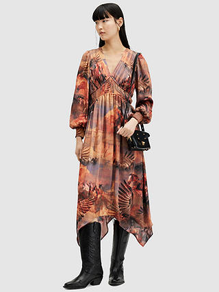 AllSaints Estelle Colca Abstract Print Hanky Hem Midi Dress, Canyon Purple/Multi