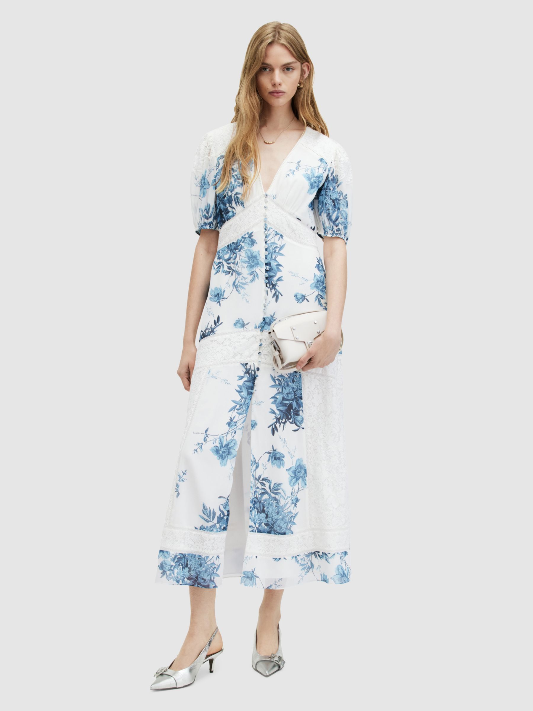 AllSaints Dinah Dekorah Midi Floral Dress, Denim Blue/White, 16