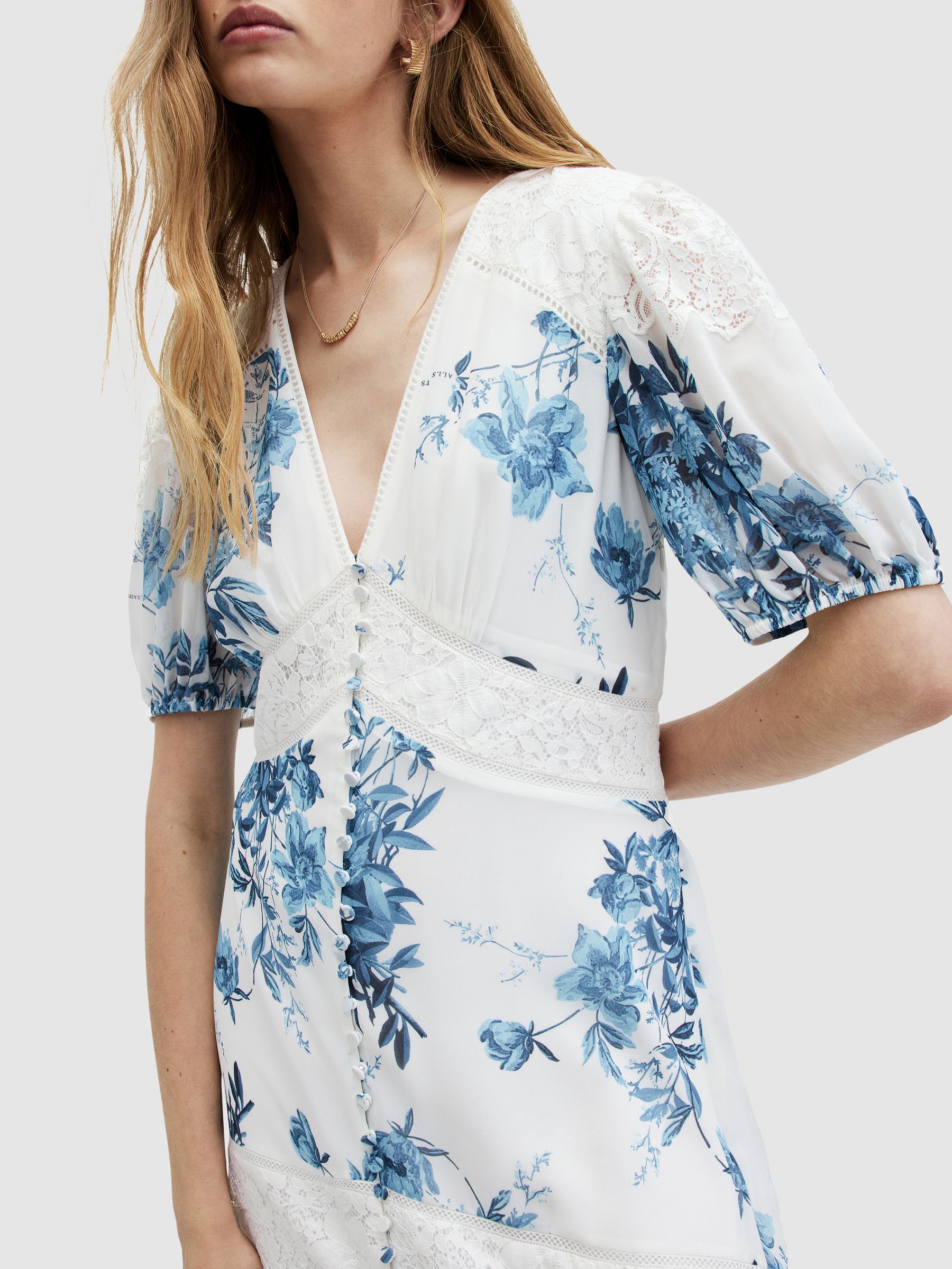 AllSaints Dinah Dekorah Midi Floral Dress, Denim Blue/White, 16