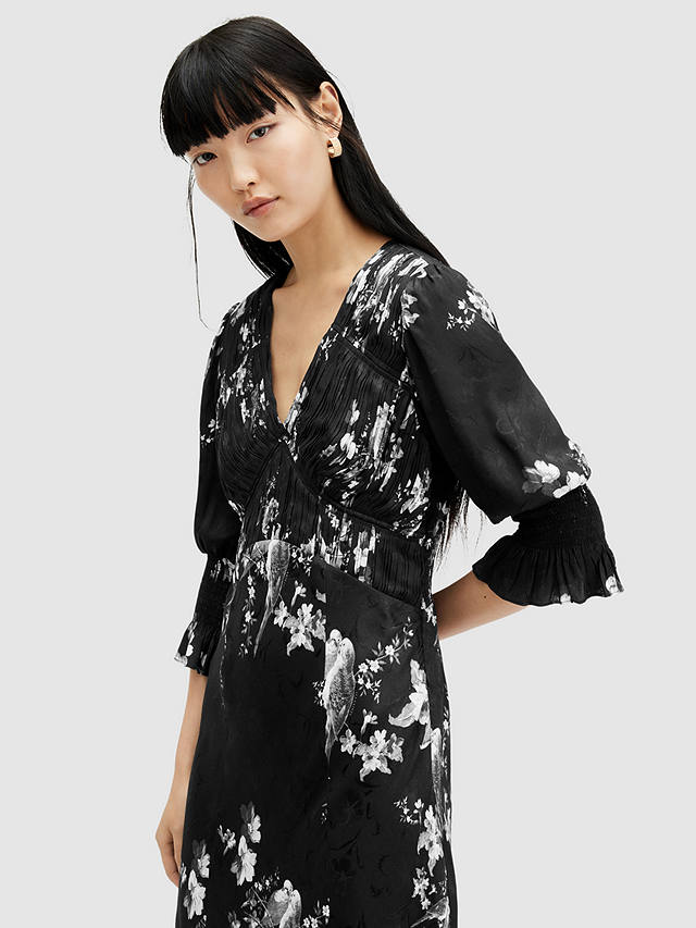 AllSaints Hannah Iona Jacquard Floral Midi Dress, Black/Multi