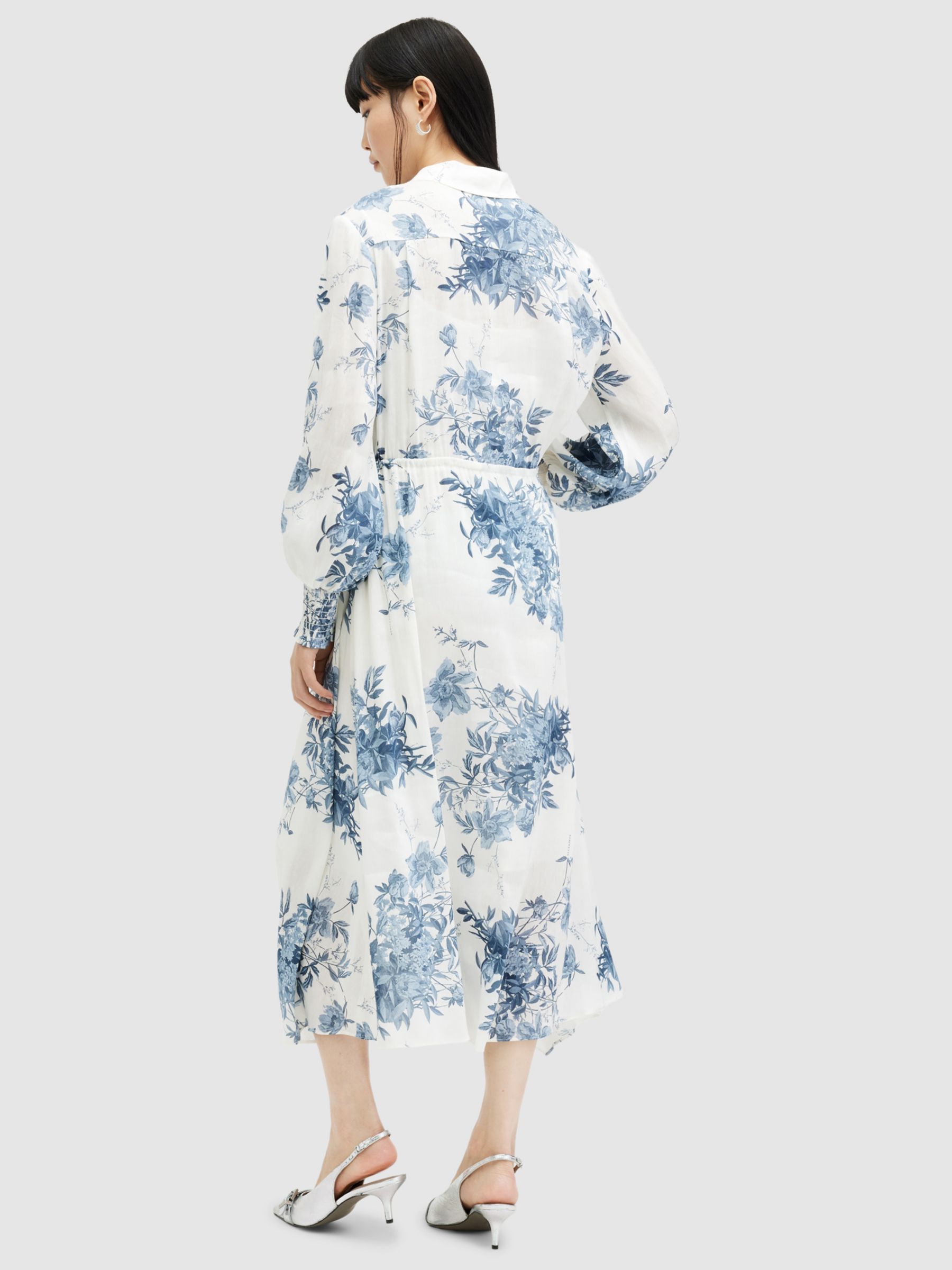 AllSaints Skye Dekorah Linen and Silk Blend Midi Dress, Denim Blue, 12