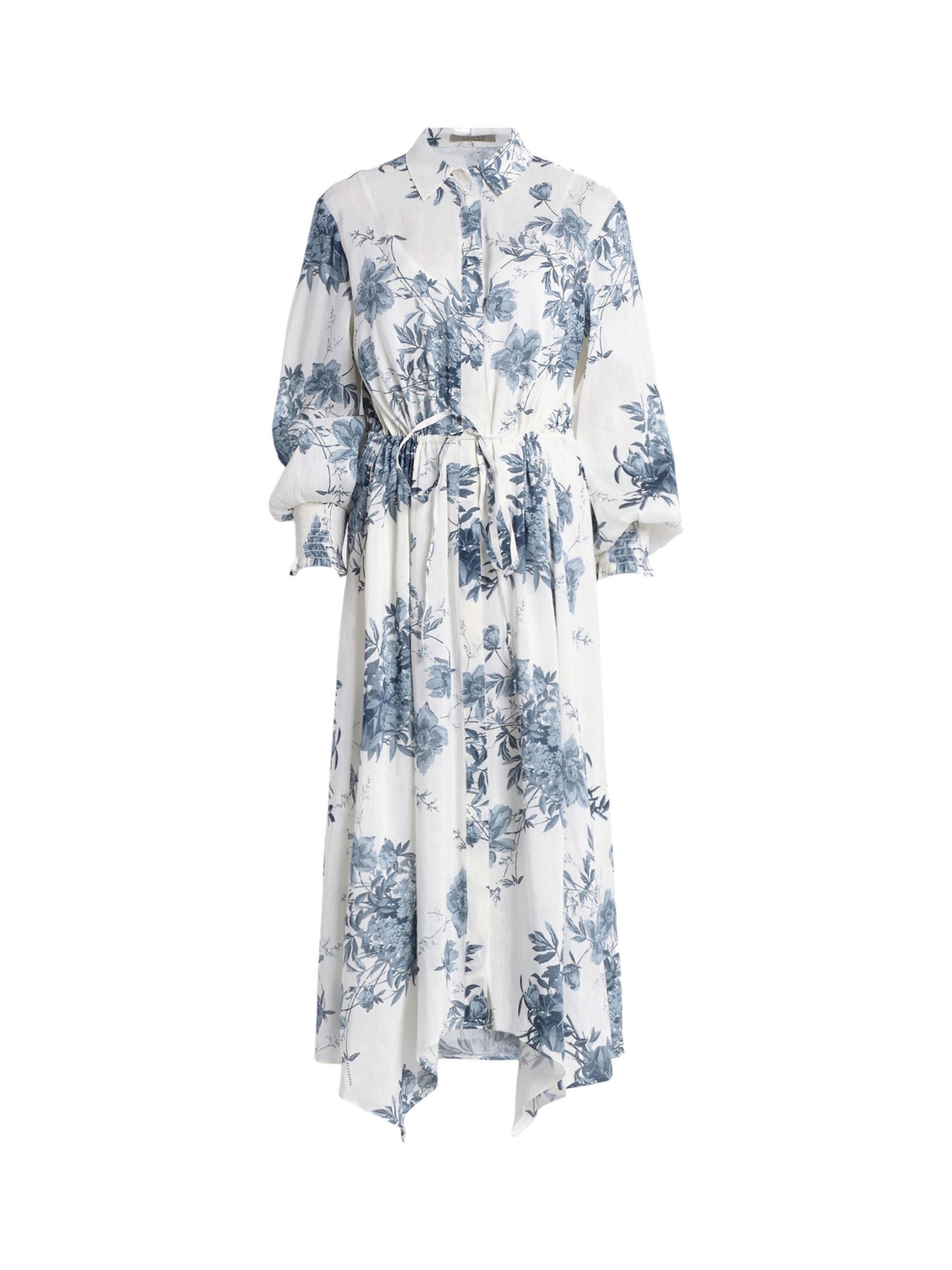 AllSaints Skye Dekorah Linen and Silk Blend Midi Dress, Denim Blue, 12