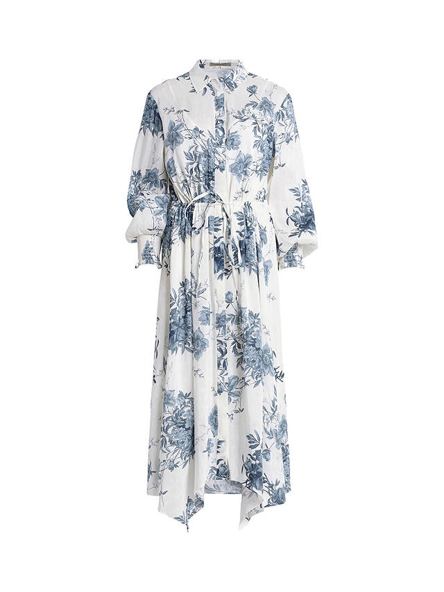 AllSaints Skye Dekorah Linen and Silk Blend Midi Dress, Denim Blue
