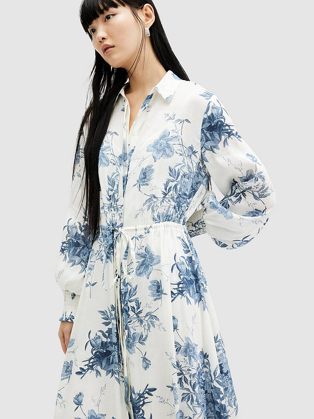 AllSaints Skye Dekorah Linen and Silk Blend Midi Dress, Denim Blue