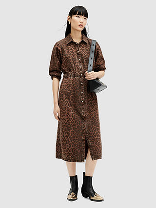 AllSaints Osa Leopard Print Midi Shirt Dress, Brown