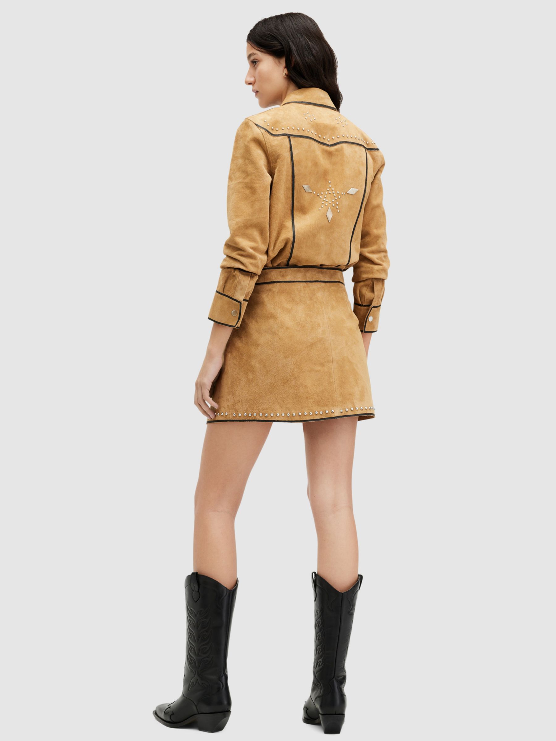 Buy AllSaints Karlson Embellished Mini Leather Skirt, Tan Brown Online at johnlewis.com