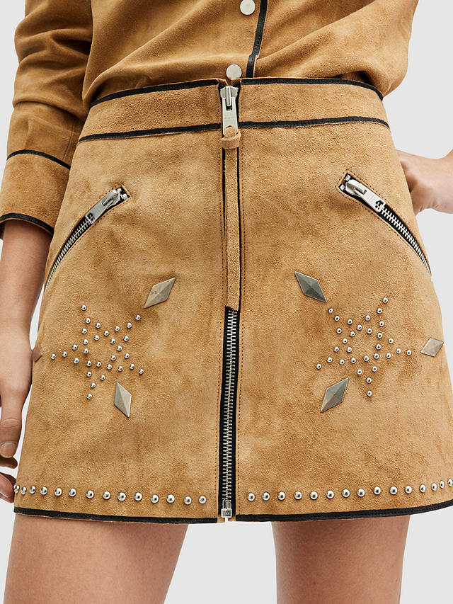 AllSaints Karlson Embellished Mini Leather Skirt, Tan Brown