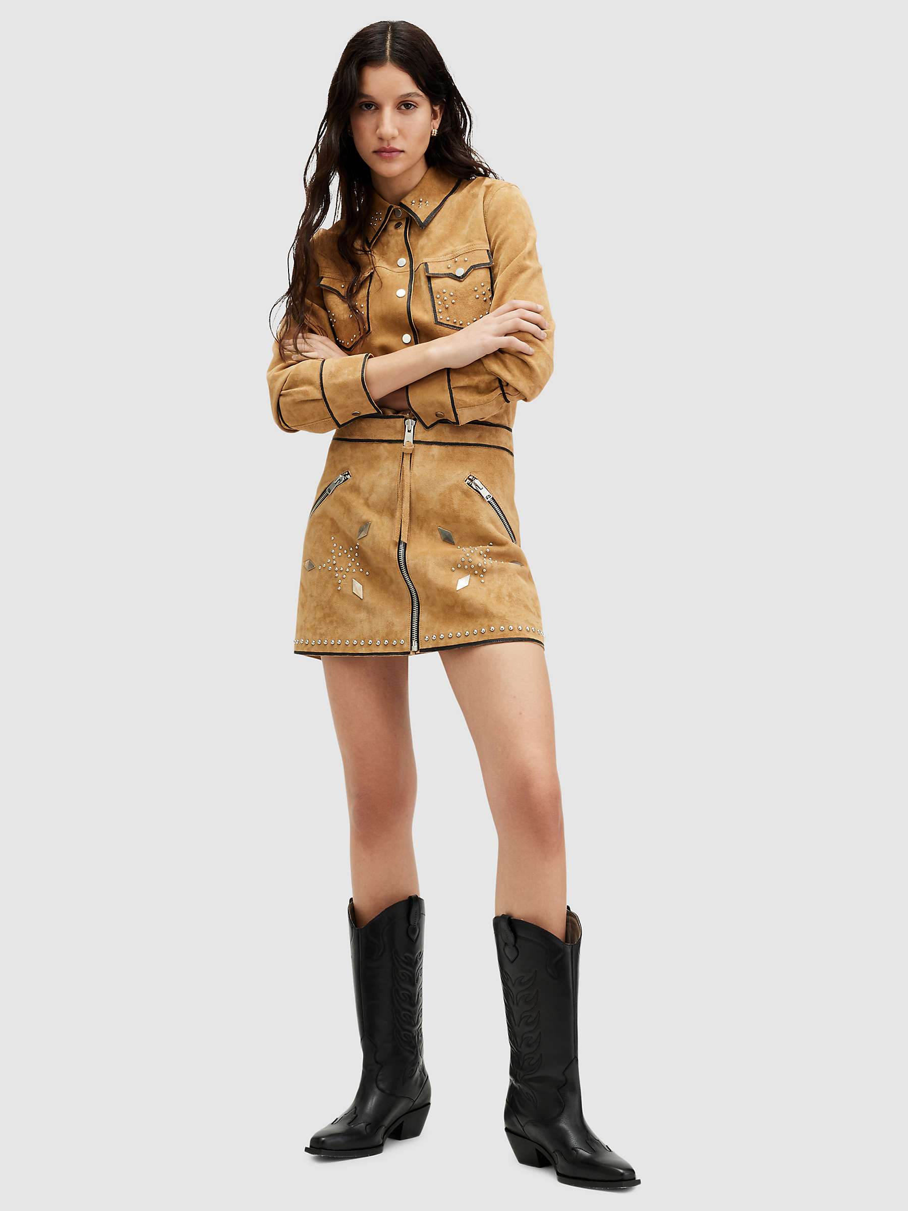 Buy AllSaints Karlson Embellished Mini Leather Skirt, Tan Brown Online at johnlewis.com