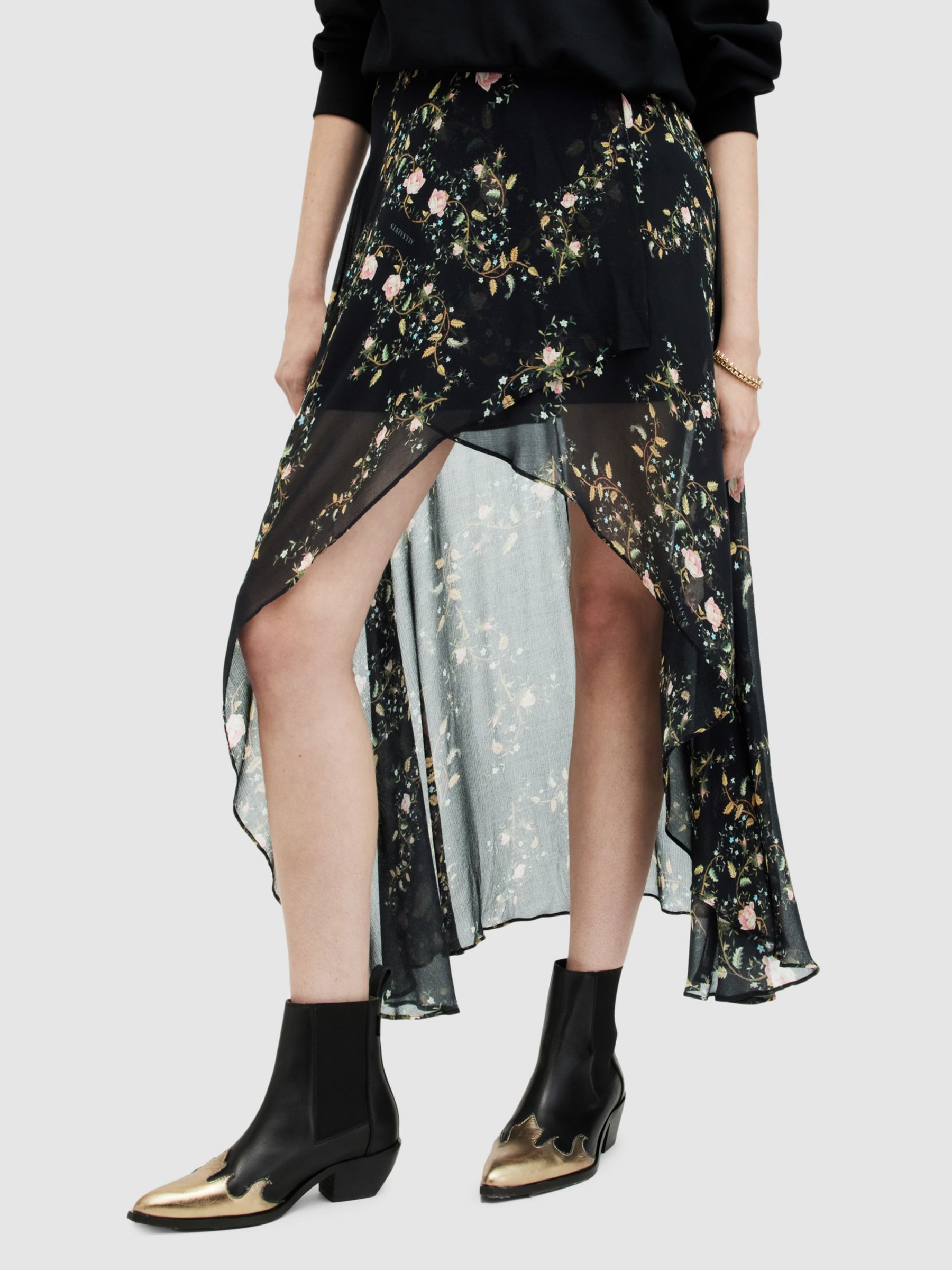 AllSaints Slvina Oto Floral Asymmetric Maxi Skirt, Black/Multi