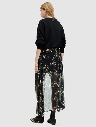 AllSaints Slvina Oto Floral Asymmetric Maxi Skirt, Black/Multi
