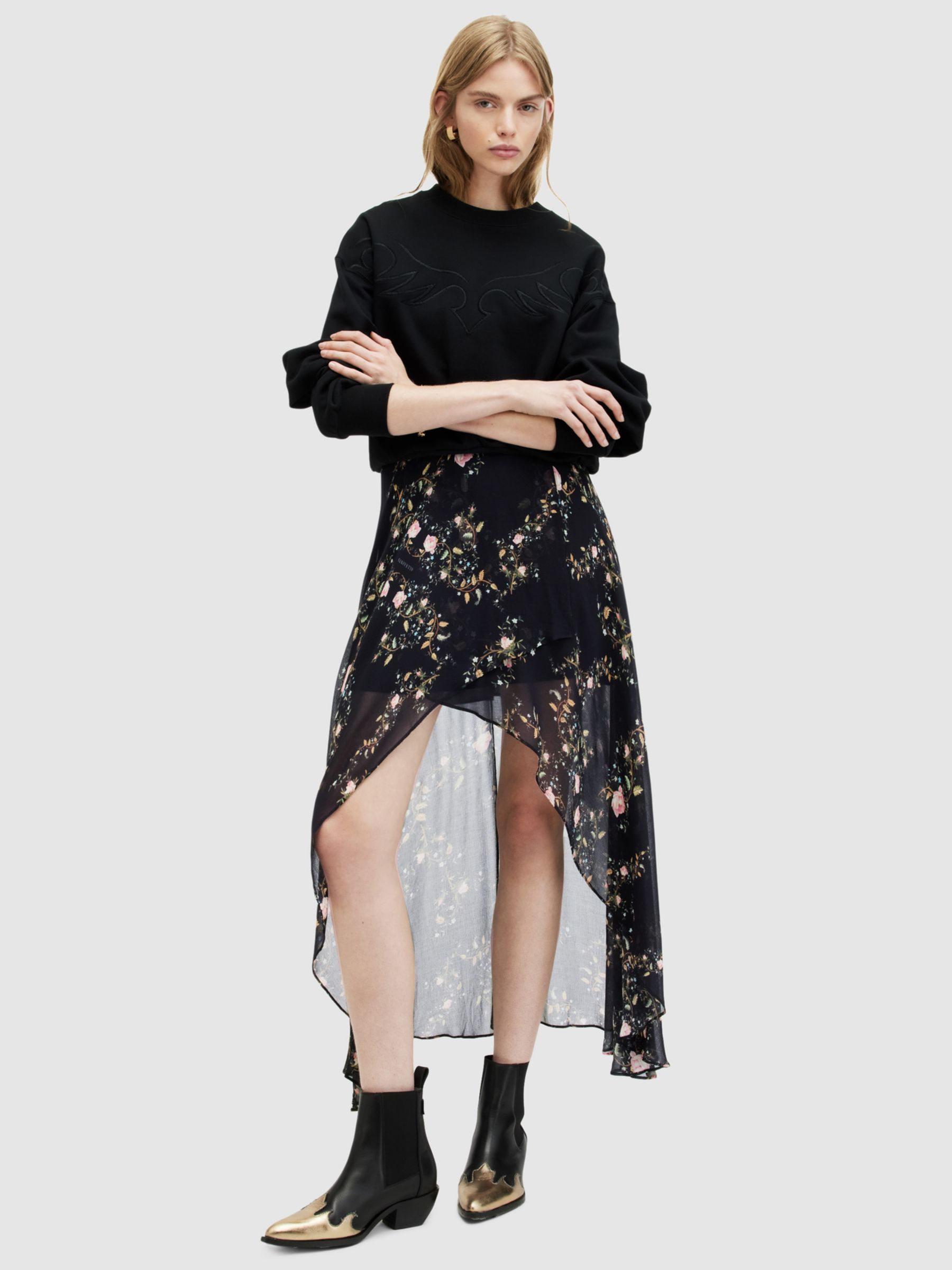 Buy AllSaints Slvina Oto Floral Asymmetric Maxi Skirt, Black/Multi Online at johnlewis.com