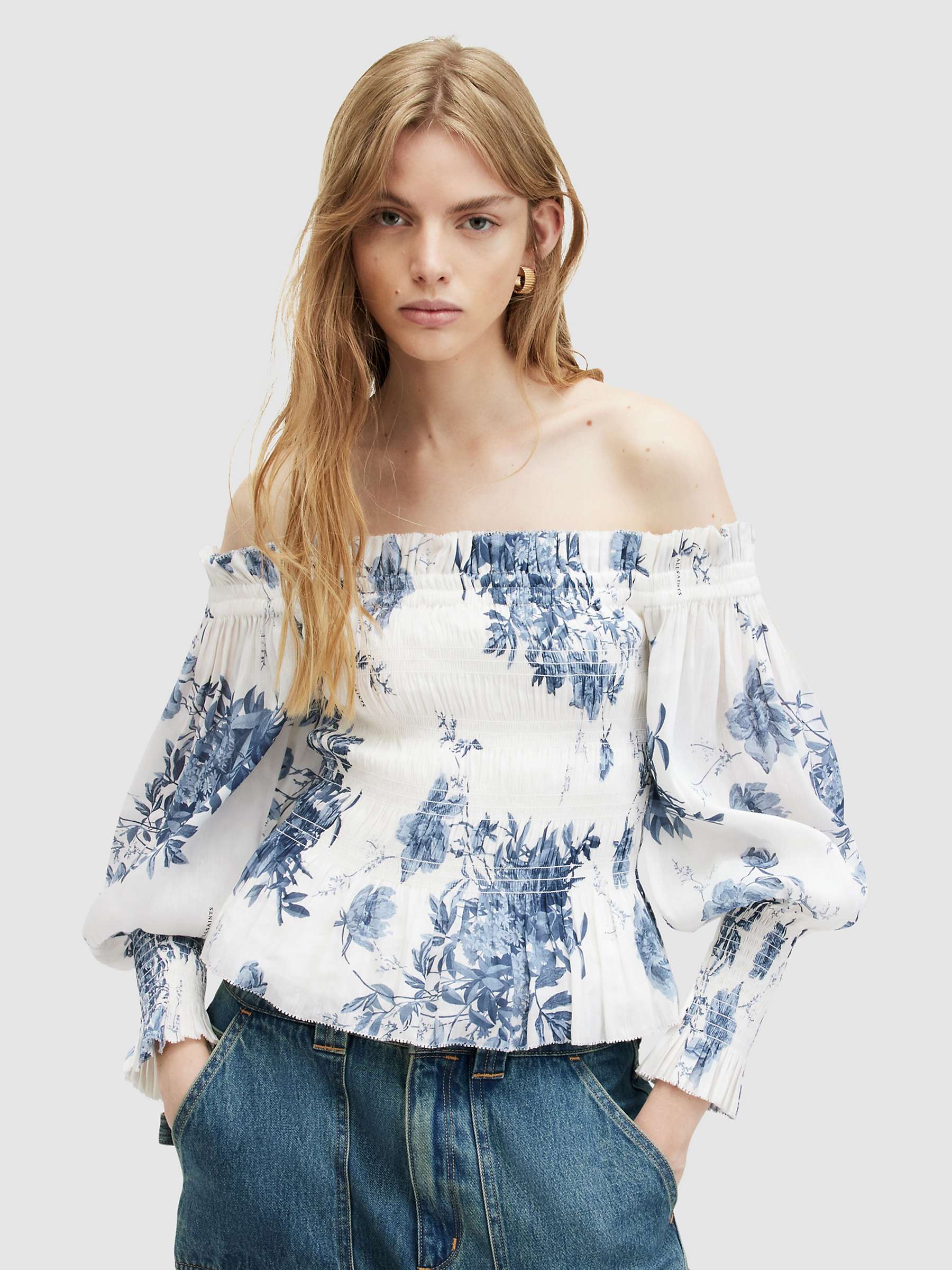 Buy AllSaints Lara Dekorah Linen & Silk Blend Bardot Top, Denim/White Online at johnlewis.com