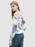 AllSaints Lara Dekorah Linen & Silk Blend Bardot Top, Denim/White